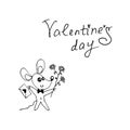 A simple cute contour mouse with a love letter and flowers. Doodle. Be my Valentine. Design element for greeting card, Valentine`