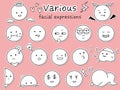 Simple and cute icons with various facial expressions. Illustration of black-and-white hand-drawn sticker-style design
