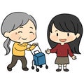 Simple and cute illustration of a girl and an old woman with a rollator walker