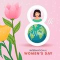 Illustration of International women`s day, eighth of march cute girls and floral ornament