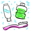 Cute scribble of blue Tooth Paste, Pink Brush and Green Mouth Wash, Isolated on White Royalty Free Stock Photo