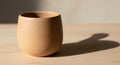A simple, cylindrical earthenware cup with a smooth, matte finish sits on a light wooden surface. Royalty Free Stock Photo