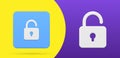 Simple 3d icon open hanged lock button and emblem set at yellow purple background vector Royalty Free Stock Photo