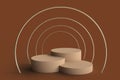 Simple 3D podium composition for products presentation in brown tones with golden rings