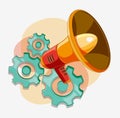 Simple 3d yellow Speaker Toa Megaphone and gears mechanism Illustration Design Template. Loud speaker icon isolated on yellow