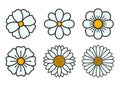 Simple daisy, chamomile and marguerite flower icons. Set of wild flowers with petals