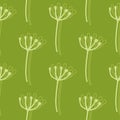 Simple dandelion flowers outline silhouettes seamless pattern. Green background with white botanic ornament