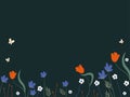 SImple dark backround with bright wild flowers and butterflies