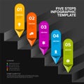 Simple dark infographic with five diagonal steps on big stripes and arrows