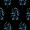 Simple dark seamless pattern with watercolor palm leaves on black. Hand painted texture with tropical leaf Royalty Free Stock Photo