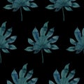 Simple dark seamless pattern with watercolor palm leaves on black. Texture with tropical leaf repeat Royalty Free Stock Photo