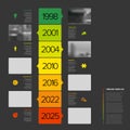 Simple dark vertical timeline process infographic with green red year and photo placeholders