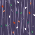 Simple decorative background, multicolored polka dots, snow flakes, white vertical stripes on dark blue background. Vector Royalty Free Stock Photo