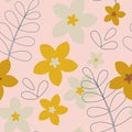 Simple decorative yellow and white flowers and leaves on a pink background. Seamless botanical pattern Royalty Free Stock Photo