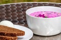 Simple delicious chilled beetroot Gazpacho with dark bread and egg