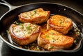 Simple and delicious pan fried pork chops in sizzling butter with thyme. Traditional American cuisine dish specialty Royalty Free Stock Photo