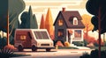 simple delivery van transporting a package through a quiet residential neighborhood with cozy houses and trees in the background