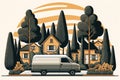simple delivery van transporting a package through a quiet residential neighborhood with cozy houses and trees in the background