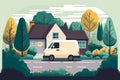 simple delivery van transporting a package through a quiet residential neighborhood with cozy houses and trees in the background