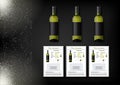 A simple design of realistic bottles of wine and wine cards with descriptions and characteristics of the wine on a black
