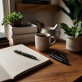 Simple Desk Setup with Open Journal, Colorful Pens Royalty Free Stock Photo