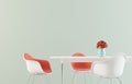 Simple dining room with a table, chairs and flowers against empty wall. 3D render.