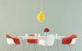 Simple dining room with a table, chairs and flowers against empty wall. 3D render. Royalty Free Stock Photo