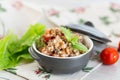 simple dinner. Cooked buckwheat with vegetables in a ceramic bowl Royalty Free Stock Photo