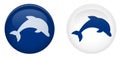 Simple dolphin button. Jumping fish symbol in circle. Blue and w