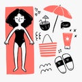 Simple doodle illustration of girl sunbathing on the towel on the white background. Beach season doodle set. Vacation black and Royalty Free Stock Photo