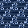 Simple doodle seamless pattern with branch simple silhouettes on background with strips. Design in navy blue tones Royalty Free Stock Photo