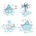 Simple doodle summer collection with paper boat, palm island and whale. Perfect for T-shirt, logo, stickers, poster. Hand drawn