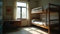 Simple dorm room with bunk bed and desk. Minimalist interior empty space. Sunlight streams through window illuminating dusty Royalty Free Stock Photo
