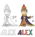 The simple drawing cartoon for coloring image of children with different names in the compatibility with the character Royalty Free Stock Photo