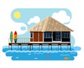 Simple drawing of wooden bungalow with surfing boards.