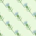 Simple and drawn burdock flowers seamless pattern. Green and blue tones botanic ornament on light background