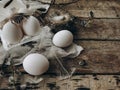 Simple Easter still life. Natural eggs, feathers, pussy willow, nest on rustic aged wooden table Royalty Free Stock Photo