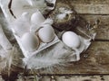Simple Easter still life. Natural eggs, feathers, pussy willow, nest on rustic aged wooden table Royalty Free Stock Photo