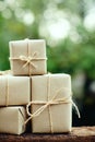 Simple eco friendly gift boxes package wrap with brown paper, green present concept, copy space Royalty Free Stock Photo