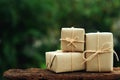 Simple eco friendly gift boxes package wrap with brown paper, green present concept, copy space