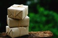 Simple eco friendly gift boxes package wrap with brown paper, green present concept, copy space