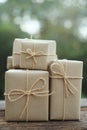 Simple eco friendly gift boxes package wrap with brown paper on wooden table with garden background, green present concept, copy