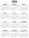 Simple editable vector calendar for year 2024 mondays first, sundays on black, easy to edit and use