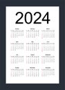 Simple editable vector calendar for year 2024. Week starts from Sunday
