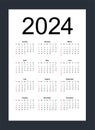 Simple editable vector calendar for year 2024. Week starts from Sunday