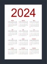 Simple editable vector calendar for year 2024. Week starts from Sunday