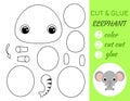 Simple educational game coloring page cut and glue sitting baby elephant for kids. Educational paper game for preschool children.
