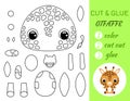 Simple educational game coloring page cut and glue sitting baby giraffe for kids. Educational paper game for preschool children.