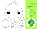 Simple educational game coloring page cut and glue sitting baby parrot for kids. Educational paper game for preschool children. Royalty Free Stock Photo