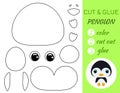 Simple educational game coloring page cut and glue sitting baby penguin for kids. Educational paper game for preschool children.